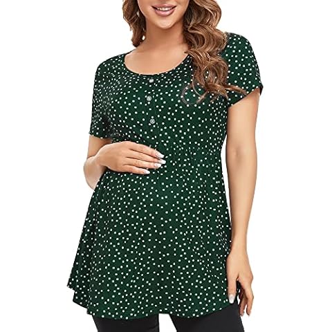 PACBREEZE Maternity Top Ruched Babydoll Maternity Shirts with Button Accent, A10 Short Sleeve - Dark Green Wave Point, X-Large Cover