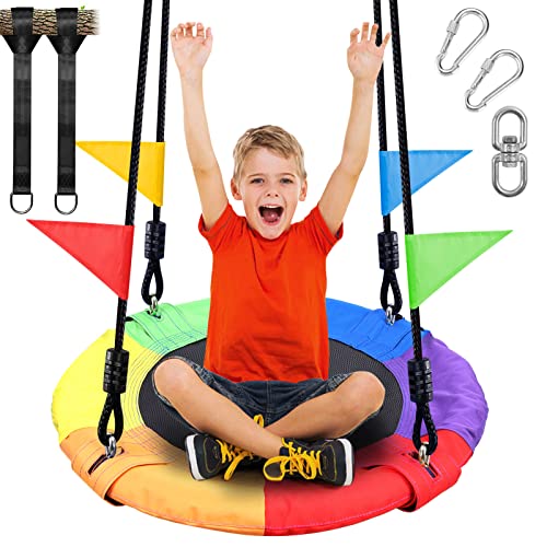 Odoland 24 inch Chidren Tree Swing Net Swing Outdoor Kid Platform Swing with Detachable 600LB Weight Load Oxford Fabric and Adjustable Hanging Ropes for Tree, Backyard and Indoor Color Multi