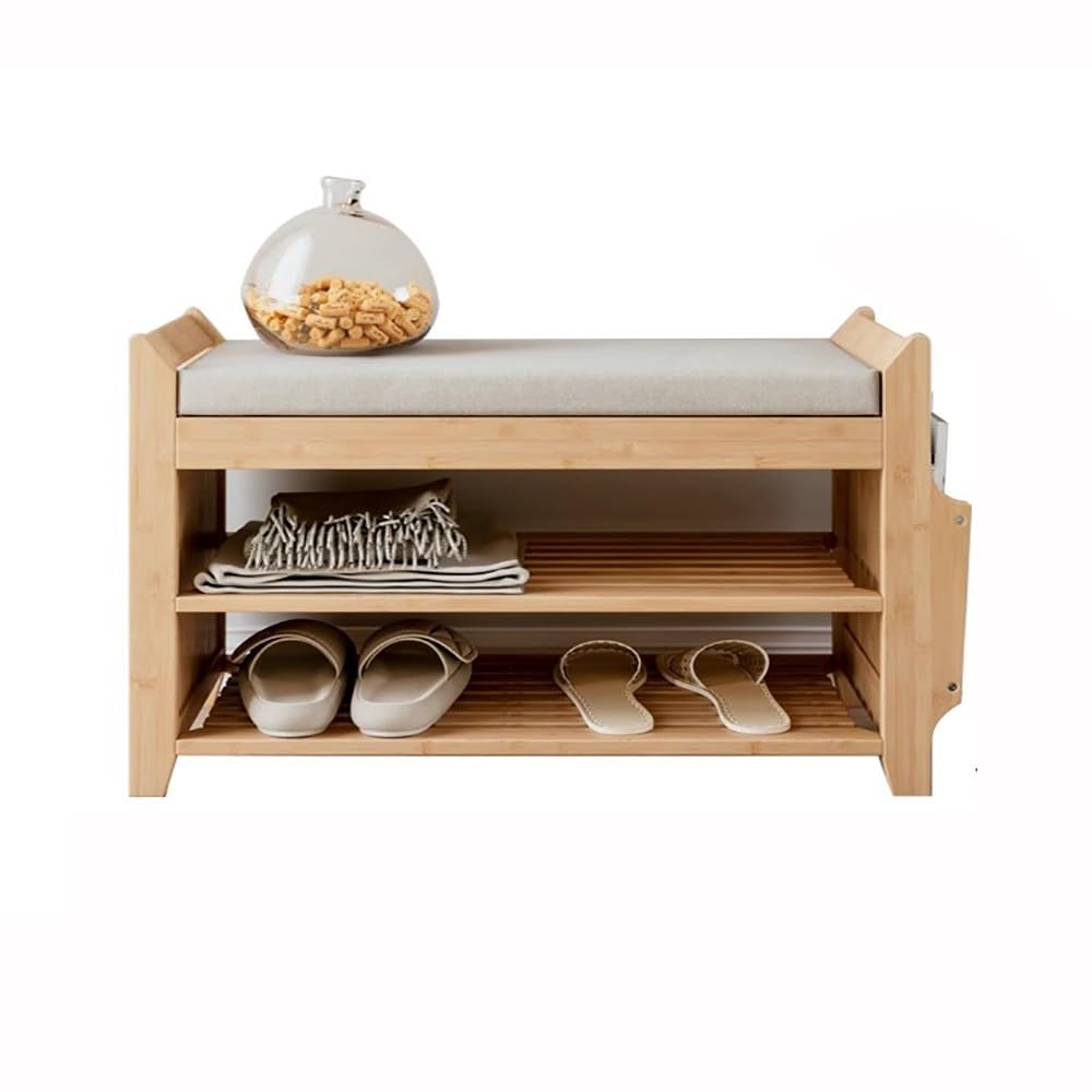 Banc à chaussures en bambou avec siège rembourré et étagère de rangement