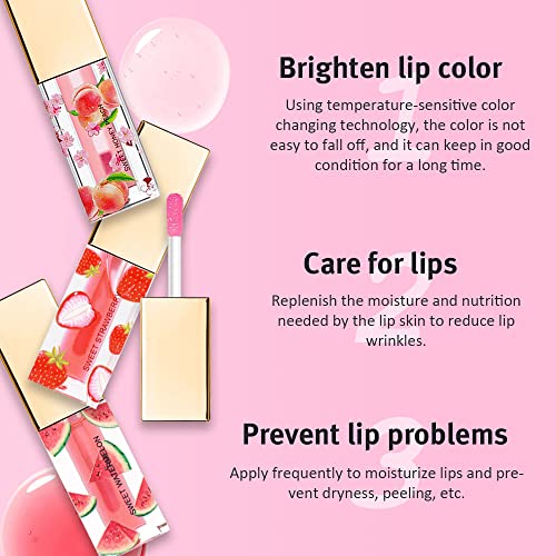 Image of evpct 3Pcs Peach Strawberry Watermelon Mini Clear Color Change Changing PH Tinted Lip Gloss Balm Set for Women Girls Lip Oil Gloss Tint Stain Glaze Pack bulk labiales magicos brillos para labios