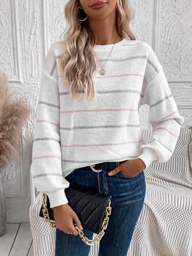 Image of SOLY HUX Striped Sweaters for Women Crew Neck Drop Shoulder Long Sleeve Knit Fall Sweater Pullover Tops White Striped Large