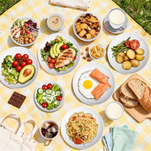 Image of Wheat Straw Plates and Bowls Sets of 16，Unbreakable Dinnerware Sets for 4, Microwave & Dishwasher Safe Kids Dish Set for Kitchen, Outdoor, Camping, Party, RV- White