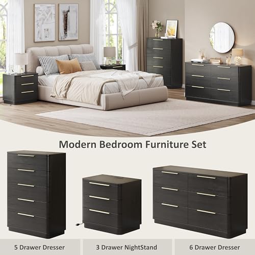 Image of 6 Drawer Dresser for Bedroom, 54 inch Wide Modern Chest of Drawers with Metal Handle, Curved Profile Design, Wooden Black Dresser Closet Clothes Storage TV Stand for Living Room, Hallway
