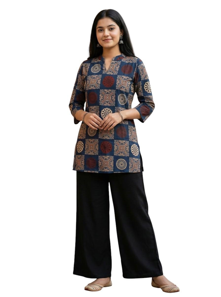 jaipur tales Women’s Blue & Brown Ethnic Printed Cotton Kurti | Full Sleeve Straight Kurta | Pure Cotton Daily & Office Wear-picture-43