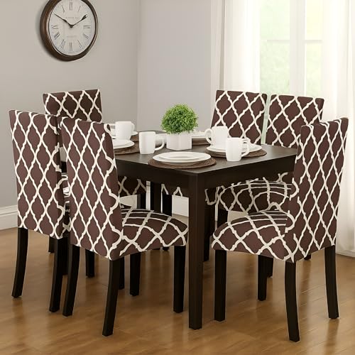 Image of Dining Chair Covers Set of 1, Stretchable Removable Washable Anti-Slip Universal Fit Printed Polyester Spandex Slipcovers (Brown Diamond)