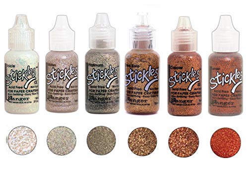 Ranger Stickles Glitter Glue Bundle A Flicker - Six .5 fl oz Bottles - Icicle Glisten Platinum Rose Gold Copper and Sunset