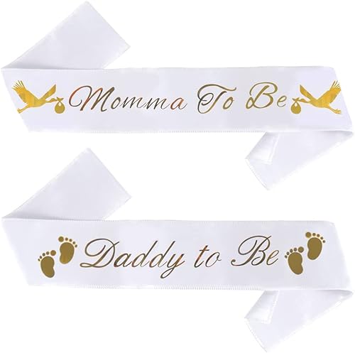 Paquete de bandas para baby shower "Momma To Be" y "Daddy To Be", con bonita imagen de cigüeña (letras blancas y doradas), decoraciones de fiesta de