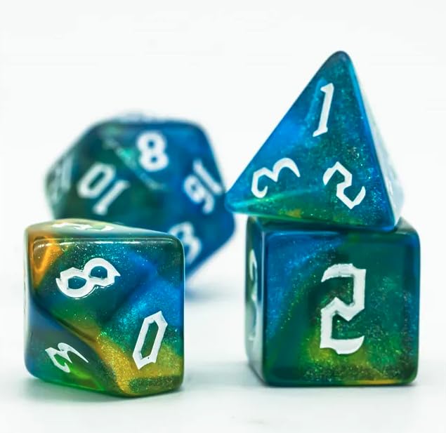 Epic Forge -Set of 7 Resin Dice in Box - Green and Blue Glitter - Image 3