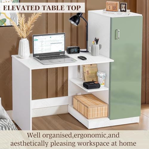 Image of ABOUT SPACE Study Table with Cabinet - Computer Table with Bottom Storage Space DIY Engineered Wood Office Desk with Adjustable Shelves for PC Laptop Gaming (White, Green-L 124 x B 44 x H 121.5 cm)