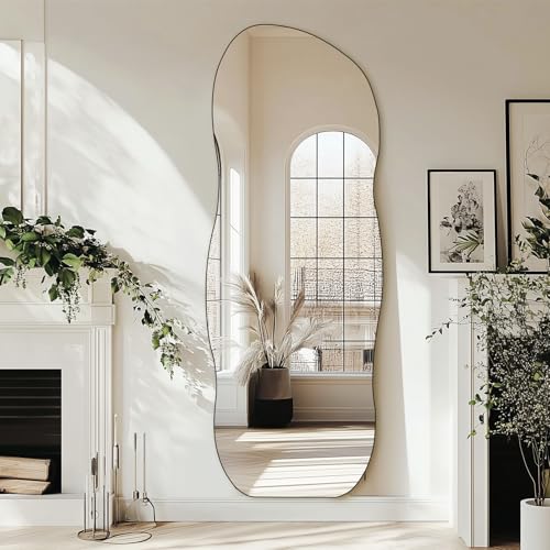 Image of QDSSDECO 63 inch x 24 inch Full Length Mirror Irregular Wavy Mirror, Frameless