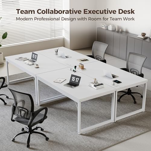 Image of Mericonia 54 Inch Computer Desk with Power Outlets, 1.2 inch Thick Office Table | Modern Simple Style, Heavy Duty Industrial Frame, Study & Writing Table for Home Bedroom Work, White