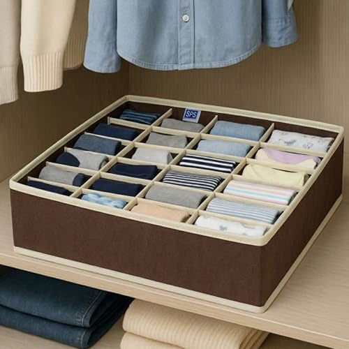 Image of Skrill 24-Compartment - Set of 2 | Non-Woven Foldable Cloth Storage Box Set Underwear, Socks, Ties, Scarves, Bras, Drawer Organization | Space Saving Divider Organizer Closet Storage | Brown