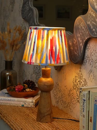 Image of Green Girgit Wooden Skirt Brown Table Lamp with Pleeted Multicolor Yellow Shade, Bedside Night Lamp with Printed Shade, Modern LED Lighting, E27 Bulb Compatible, Corded Electric, 6.5X9X18 inches
