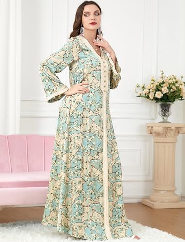 Image of FYMNSI Abaya Dress for Women Muslim Modest Maxi Robe Floral V Neck Eid Prayer Dresses Dubai Clothing Arabian Islamic Kaftan