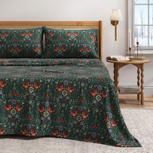 Image of Great Bay Home Christmas Flannel Sheet Set Queen Size - 100% Turkish Cotton, Double-Brushed, Winter Bed Sheets - Ultra-Soft, Cozy, 4-Piece Holiday Bedding Set (Cardinal Garden)