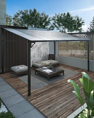 GarveeLife 12'x 14' Lean to Gazebo, Hardtop Wall Pergola with Polycarbonate Roof, Aluminum Frame Slant Mounted Gazebo for Lawn Patio Deck Yard and Party