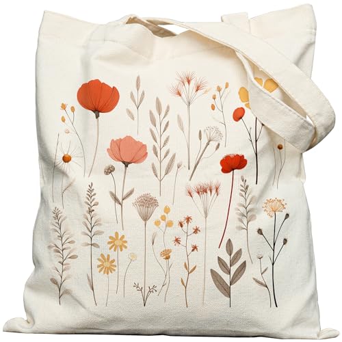 EFFUSON Aesthetic Canvas Tote Bag - Cottagecore Floral Tote Bag for Women with Pocket & Snap Closure, Cute Resuable Casual Flower Lovers Totebag for Shopper