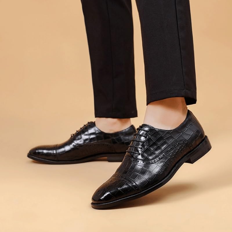 Men's Vintage Crocodile Print Strap Lace-Up Dress Shoes Comfort Handmade Round Toe Non-Slip Lug Sole Lace-Up Formal Derby Shoes for Men4