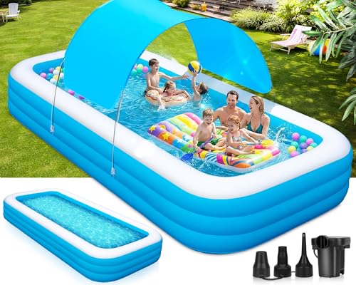 Extra Large Inflatable Pool for Adults and Kids 145 x 74 x 22 Blow Up Pool for Family Oversized Inflatable Pools with Canopy & Pump Large Inflatable Swimming Pool for Backyard Outdoor