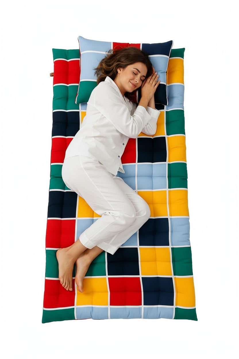 Cotton Check Printed Foldable Lightweight Filled Double Bed Quilt Mattress | Soft Gadda for Floor & Bed | 3D Design Printed (72 x 48 Inches / 4 x 6 ft) – Colored Check Mattress