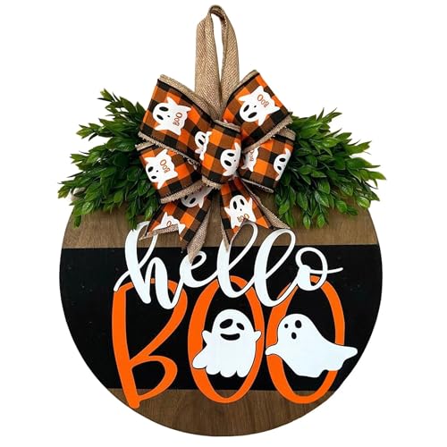 Halloween Ghost Wreath Wooden Halloween Ghost Door Sign Wreath Decorations for Front Door Hanger