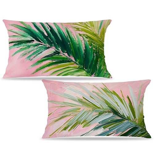 Image of Pink and Green Summer Tropical Coastal Palm Leaf Pillow Cover Decor 12x20,Small Botanical Decorative Lumber Throw Pillow Cover for Beach House Decor Double-Sided Set of 2