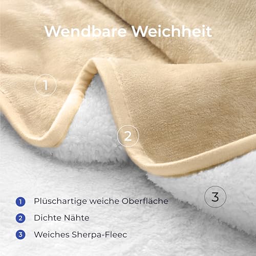 Dreamzie - wasserdichte Decke 127x152 cm - Hundedecke Sofa und Bett - Reversible Decke Wasserdicht aus Sherpa-Fleece – Waschbar – Beige