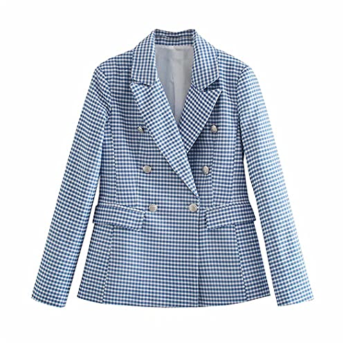 Femmes Blazer Impression à Carreaux Plaque à Manches Longues à Double Boutonnage Blazers Veste Costume Blue-Blazer XS