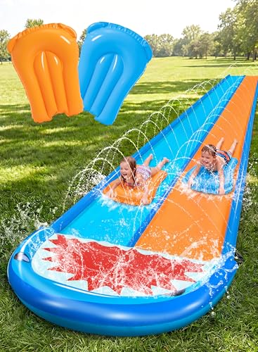 Sloosh Shark Double Water Slide, 22.5ft Heavy Duty Lawn Water Slip with Sprinkler Slide and 2 Slip Inflatable Boards for Party Summer Yard Lawn Outdoor Play Activities