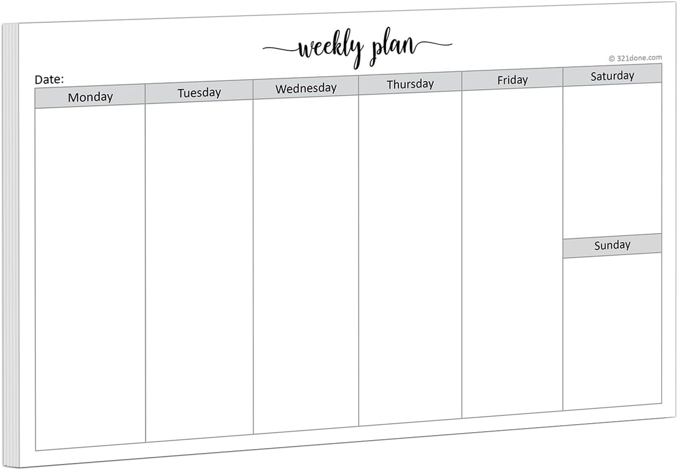 321Done Weekly Planning Notepad Landscape - 50 Sheets (8.5" x 5.5") - Horizontal Weekly Days of Week Paper Note Pad, Planner Organizing - Made in USA - Simple Script