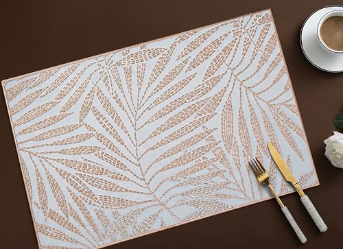 Image of Yellow Weaves 6 Pcs PVC Table Placemats, Dining Table Mat, Stain Resistant, Anti-Skid, Waterproof, Washable, Dining, Kitchen, Restaurant Table Set Easy to Clean, Durable (Fern Leaf Rose Gold)