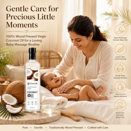 Image of ELOWELL Cold Pressed Virgin Coconut Oil (250ml), Wood Pressed, From Our Own Farms in Tamil Nadu, Unrefined, No Heat Processed, 100% Pure & Natural, Edible Cooking Oil for Hair, Skin & Baby Care