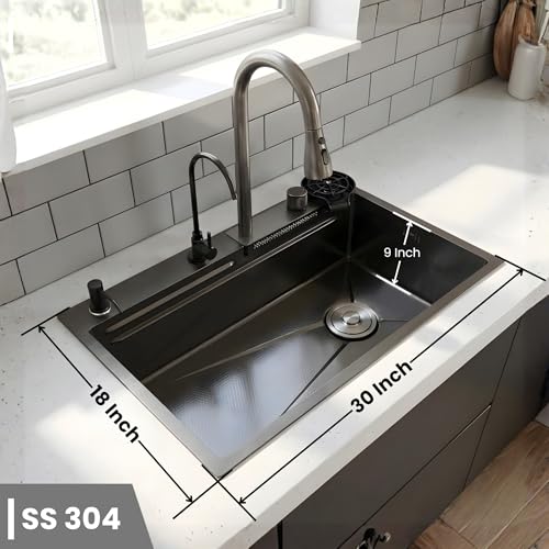 Image of Gloxy Premium SS 304 Nano Single Bowl Smart Kitchen Sink 30x18X9 Inches - Black Matt FInish Multifunction Sink With Integrated Waterfall - Anti Scratch Honeycomb Design with Pull Down Faucet
