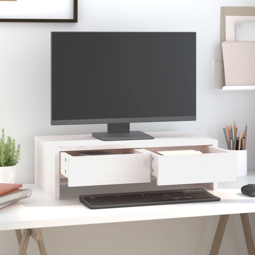 Supporto per monitor in legno massello, bianco, 50 x 27 x 15 cm, in legno di pino per home office ergonomico, regolabile in altezza, con spazio portaoggetti, ideale per computer, laptop, PC