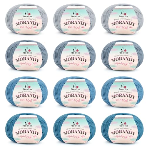 Aeelike 600g(12x50g) Schurwolle (Merino) Wolle zum Stricken, Super Warm Häkelwolle Garn zum Häkeln, Ultraweiche Handstrickgarn, Strickwolle Set für Anfänger, Erfahrene Häkeler, Blau