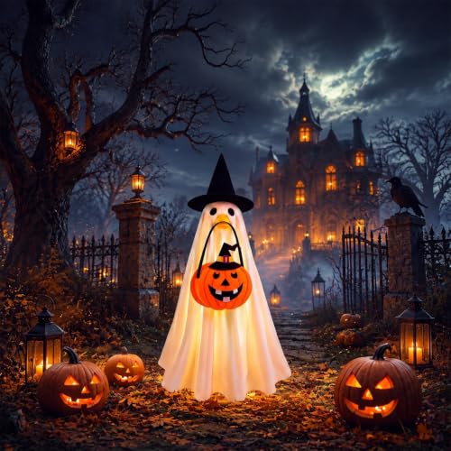 Halloween Lighted Goose Outfit 23 Inch, Ghost Costume with Witch Hat Pumpkin Bucket LED String Lights, Porch Goose Clothes for Outdoor Lawn Yard Garden Halloween Decor (Batteries Not Included)