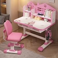 Somerway Kids Study Desk Chair Set, Children's Adjustable Desk & Chair Set, Ergonomic Set with Sitting Corrector, Book Stand, Foot Pedal & Partition Design (Pink2)