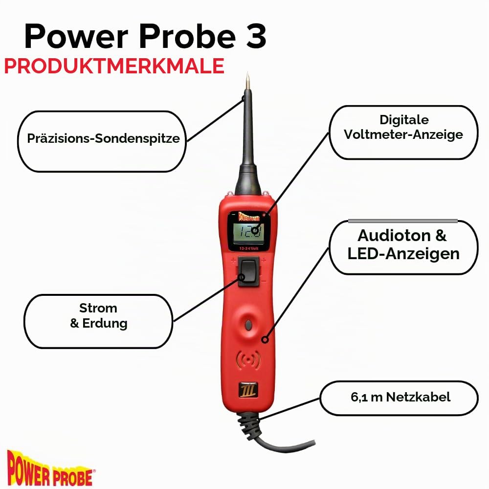 Power Probe 3 Stromsonde Automotive Electrical Circuit Tester Car Tool Automechaniker Werkstatt 12-24V Digitalmultimeter Aktiviert Komponenten durch die Bereitstellung von Strom und Masse PP3CSRED