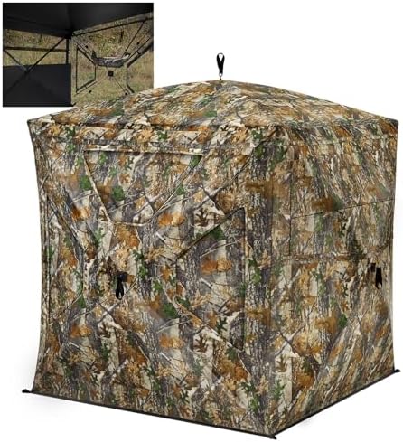 TIDEWE See Through Blind 270°with Silent Magnetic Door & Sliding Windows, 2-3 Person Pop Up Ground Blind with Carrying Bag, 300D Portable Resilient Tent(Camouflage)
