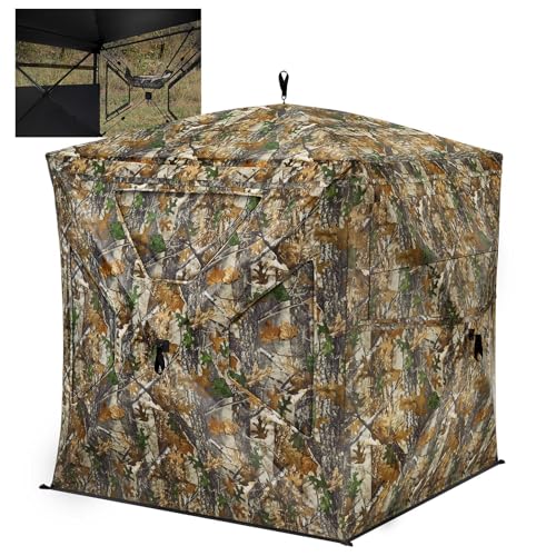 TIDEWE See Through Blind 270°with Silent Magnetic Door & Sliding Windows, 2-3 Person Pop Up Ground Blind with Carrying Bag, 300D Portable Resilient Tent(Camouflage & Veil Rush)
