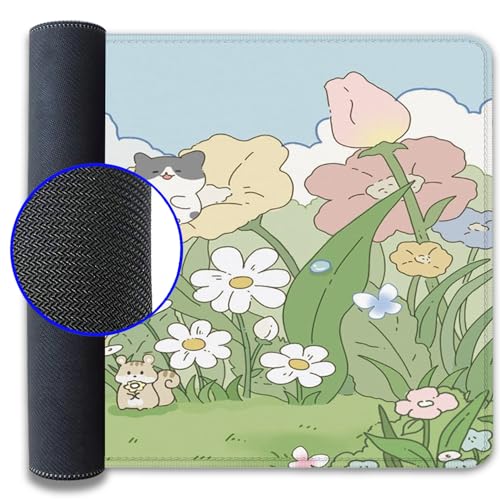Image of Cute Cartoon Bear Rabbit Cat and Flowers Extended Desk Pad Mouse Pad,Stitched Edges Non-Slip Rubber Base XL Mouse Mat Desk Mat for Office Home Work Floral Mousepad(27.5X11.8 Inch)
