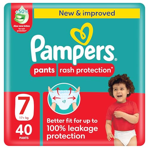 Pampers Rash Protection Culotte Pants Diapers Size 7, 17+kg Jumbo 40 Count | 360° Leak-Free Fit, Stretchy Waistband, Double leak guards for Up to 100% Leakage Protection, Easy On & Off, Aloe Vera Lotion