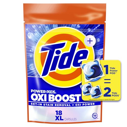 Tide Oxi Boost Power PODS Laundry Detergent Pacs, 18 Count, Set-In Stain Removal + Oxi Power, laundry soap detergent pacs