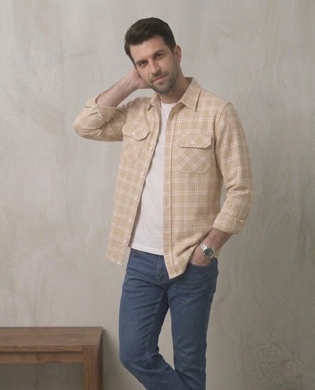 Image of DEELMO Men's Stylish Cotton Blend Casual Chakes Shirt || Full Sleeve Shirt with Dual Flap Pockets Fabric || Perfect for Casual and Classic Fit & Style || Stylish Everyday Wear