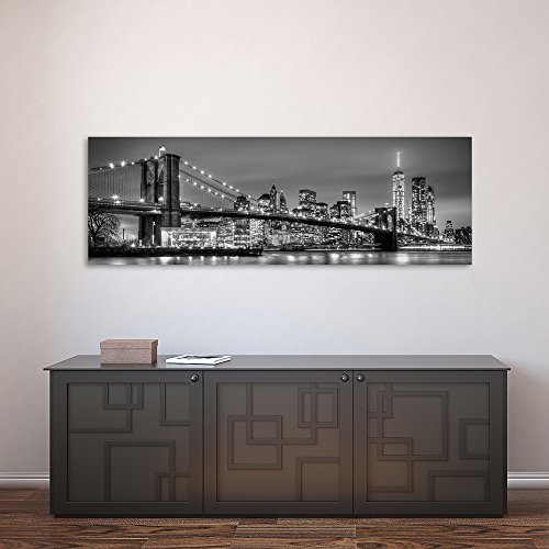 Feeby Bilder Brooklyn Bridge New York XXL 150x50cm 1 Teilig Wohnzimmer Schlafzimmer Büro Flur Küche Wandbilder Modern Wanddekoration Kunstdruck Design Gebäude Architektur Schwarz und Weiß