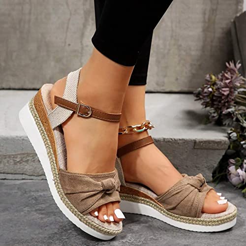 Orthopedic Wedge Sandals for Women Summer Dressy,Open Toe Strap Platform Ankle Sandals Casual Strappy Low Wedges Sandals Zipper Summer Beach Sandals Comfortable Outdoor Shoes (7-Khaki, 7)3