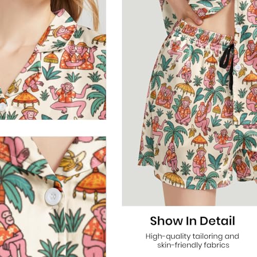 Image of Funny Pajamas for Women Set Print Satin Loungewear Pjs Short Sleeve Button Down Top and Shorts Sets Sleepwear XS-3XL