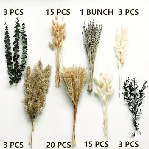 pampasgras deko - Tägliche Esszimmertisch Deko - Tischdeko & Trockenblumen Grünpampasgras Klein für Wohnzimmer, Deko Blumen Künstlich & Sommer Wohnung Deko im Boho Stil, Eucalyptus