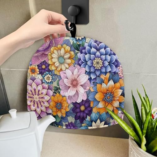 Image of Teapot Cosy Thick Wadding Tea Pot Cover Keep Warm Insulation Teapot Cozies Machine Washable Kettle Cover Breakfast Warmer Home Table Decor, Boho Flower Purple Yellow