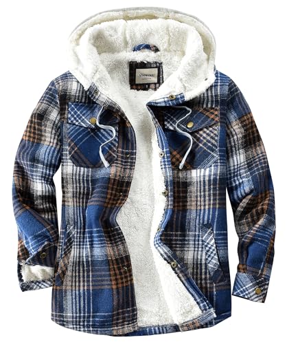 Shawnda Men's Sherpa Hooded Flannel Jacket Cotton Button Down Shirt Jacket Plaid